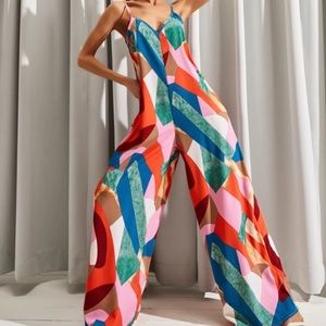 NWT SHEIN Patchwork Print Wide Leg Cami Jumpsuit